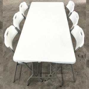 COMBO ESPECIAL: Mesa Maleta retangular 1,80m Altura Fixa + 6 cadeiras Dobráveis – VGHome / Cor Branca