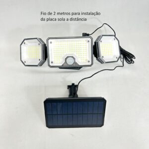 Luminária Solar com Sensor e Controle Remoto 380 Lumens 3 cabeças placa com fio